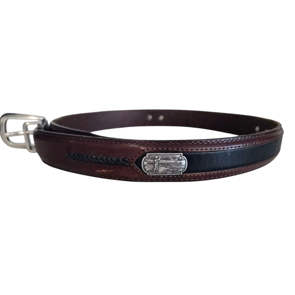 Men's Vintage Onyx by Brighton Golf Ornament Brown Leather Belt Two-Tone Size 36